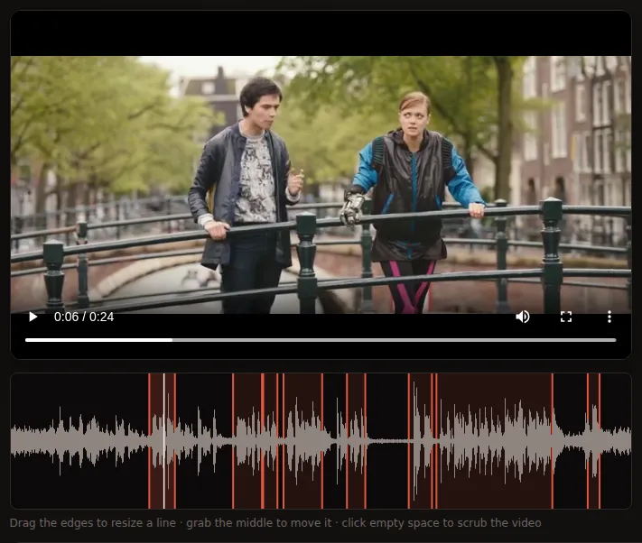 Dubbing game editor with an uploaded Tears of Steel clip and its dialogue lines marked on the waveform