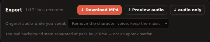 Voice over game export panel with Download MP4 and the option to remove the character voice and keep the music