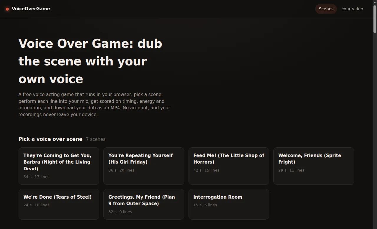 Voice over game scene list with seven movie scenes to dub